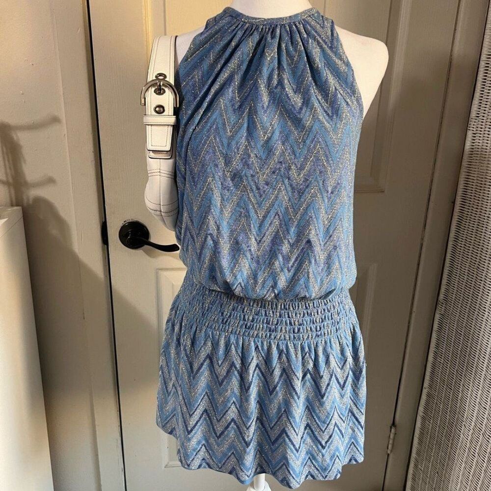 Ramy Brook Blue Chevron Metallic Mini Dress